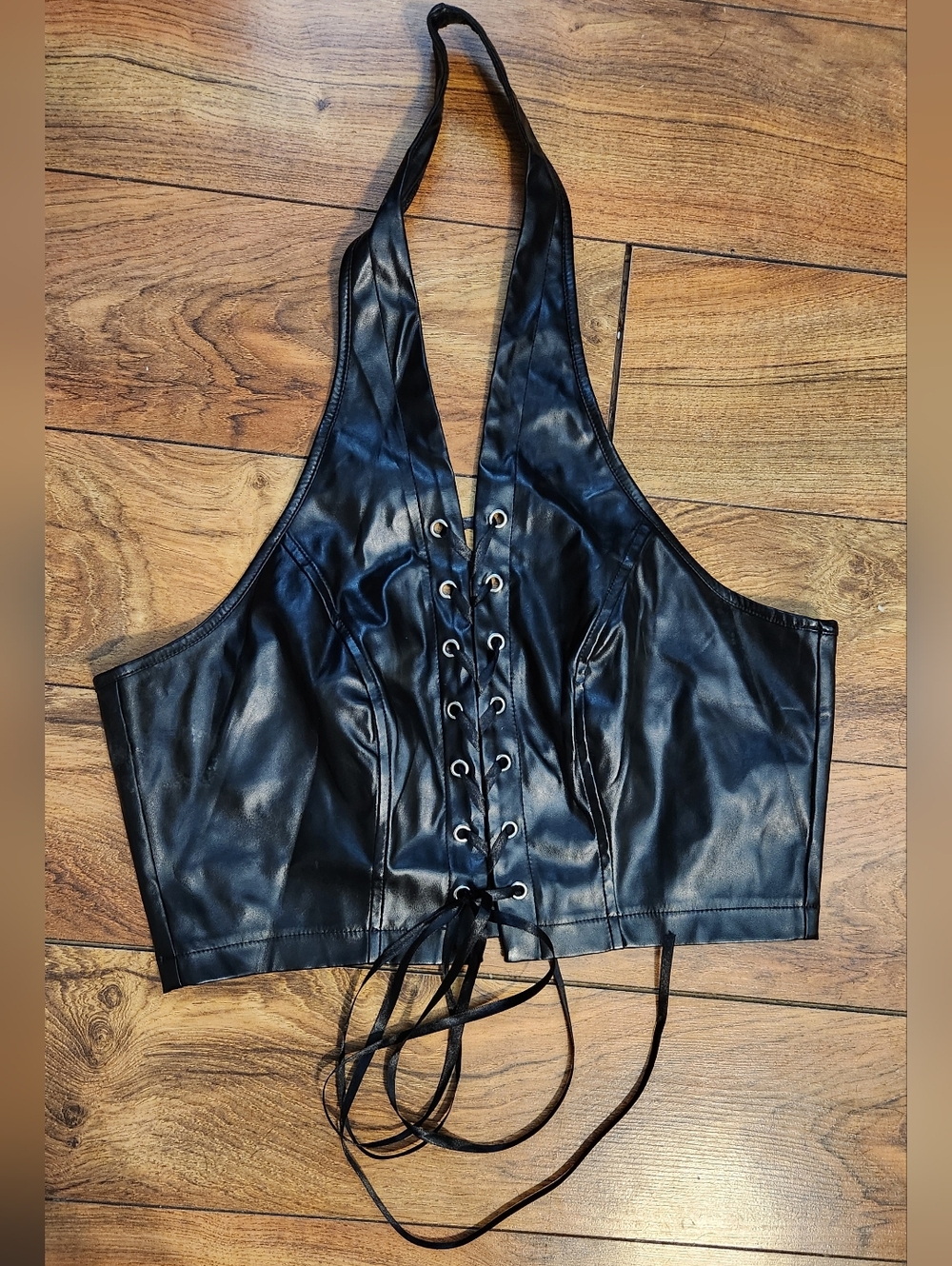 Black Faux Leather Halter Lace-Up TOP, SIZE XL